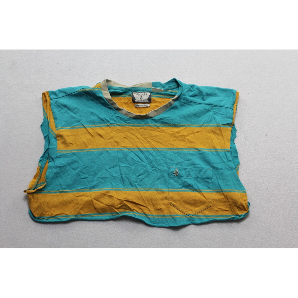 Volcom Crop Top Women Size Large Teal Yellow Striped Good Cut Off Muscle Tee